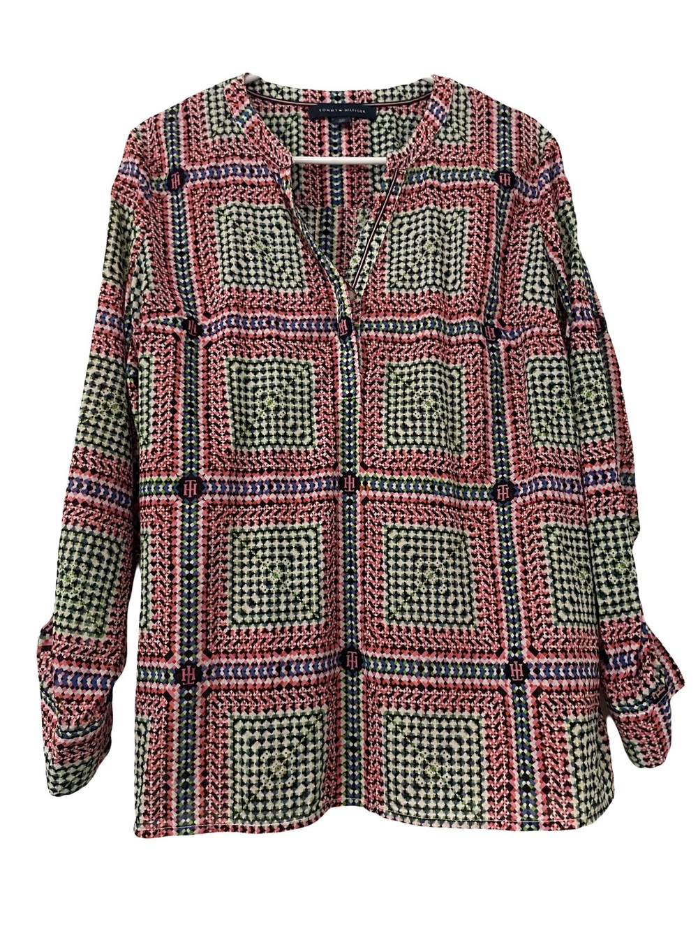 Tommy Hilfiger Patterned V-Neck Blouse — Pink, Sage & Navy